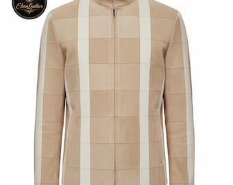 Beige mockajacka herr med rutmönster och kontrastpaneler | Modern mockajacka med ståkrage och dragkedja, designerjacka, present till honom