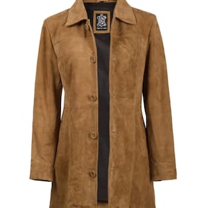 Manteau en daim marron clair pour femme – Élégant vêtement d'extérieur 3/4 – Veste douce de qualité supérieure faite main