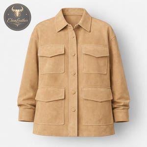 Chaqueta utilitaria extragrande de piel de ante para mujer – Beige, con botones y múltiples bolsillos.