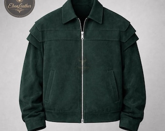 Mens Dark Green Suede Leather Jacket, Minimalist Zip Up Jacket, Modern Casual Outerwear, Handmade Leather Coat, Streetwear Fashion