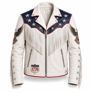 May include: A white leather jacket featuring a blue yoke with silver stars, long white fringe across the chest, and eagle graphics on the sleeves. The jacket includes a front zip, two zipped pockets, and a shield patch with the text 1776.
