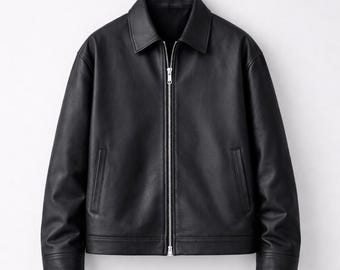 Men’s Oversized Black Leather Jacket, Minimal Matte Leather Bomber, Modern Streetwear Zip Up Jacket