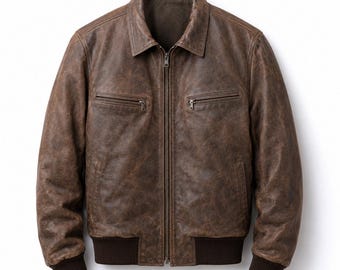 Men's Brown Distressed Real Leather Bomber Jacket | Genuine Leather Harrington Jacket | Vintage Biker Jacket | Gift for Him Boyfriend
