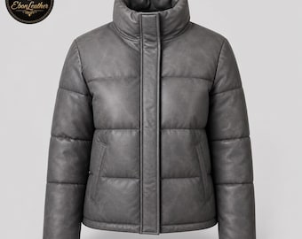 Women Grey Leather Puffer Jacket, Quilted Winter Jacket, Zip Up High Neck Coat, Minimalist Warm Jacket, Stylish Womens Outerwear