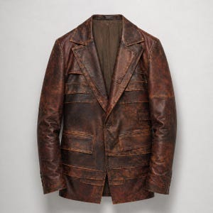 Rust Brown Layered Leather Blazer for Men – Hand Polished Distressed Jacket, Vintage Artisan Panel Design, Real Leather Structured Coat