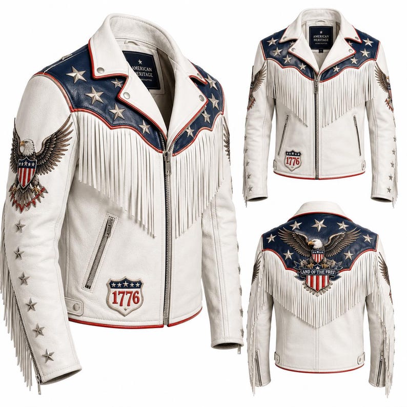 May include: A white leather jacket featuring blue shoulder panels with silver stars, long fringe detailing, and eagle graphics. The front displays a 1776 shield patch, while the back features a large eagle emblem with the text Land of the Free.