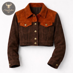 Women's Rust & Brown Suede Jacket, Two Tone Cropped Trucker Jacket, Vintage Style Leather Jacket, Casual Fall Outerwear for Women