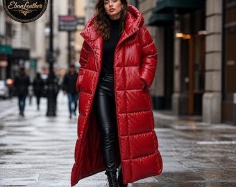 Women’s Long Red Puffer Coat, Oversized Winter Jacket Women, Quilted Maxi Coat, Hooded Warm Jacket, Stylish Statement Outerwear