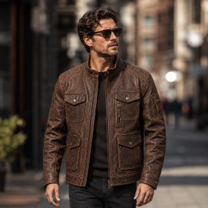 Chaqueta de moto de cuero auténtico marrón desgastado para hombre | Chaqueta motera de cuero genuino con múltiples bolsillos | Chaqueta de moto vintage | Regalo para él imagen 2