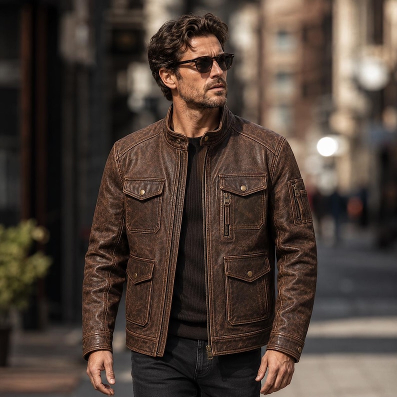 Chaqueta de moto de cuero auténtico marrón desgastado para hombre | Chaqueta motera de cuero genuino con múltiples bolsillos | Chaqueta de moto vintage | Regalo para él imagen 2
