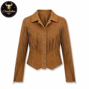 Women's Tan Suede Fringe Jacket | Studded Western Cowgirl Jacket | Boho Native Fringe Leather Jacket Gift for Her