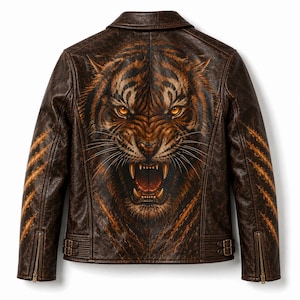 Könnte beinhalten: Braune Lederjacke mit detaillierter Tigerillustration auf dem Rücken. Die Jacke hat einen klassischen Biker-Stil mit Reverskragen, Reißverschlussdetails und einem Gürtel in der Taille. Das Tigerdesign ist in Braun- und Orangetönen gehalten.