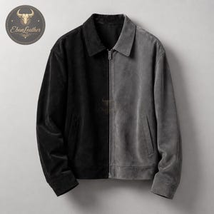 Mens Black Gray Suede Leather Jacket, Two Tone Minimalist Jacket, Zip Up Leather Coat, Modern Streetwear Jacket, Handmade Outerwear