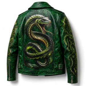 Könnte beinhalten: Grüne Lederjacke mit detailliertem Schlangenmuster auf dem Rücken. Die Schlange ist mit grünen, schwarzen und goldenen Schuppen dargestellt, mit offenem Maul und ausgestreckter Zunge. Die Jacke hat einen klassischen Biker-Stil mit Kragen, Reißverschluss und Schnallen.