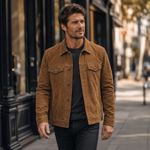 Men's Tan Brown Real Suede Trucker Jacket | Genuine Suede Leather Western Jacket | Vintage Casual Jacket | Gift for Him Boyfriend Bild 2