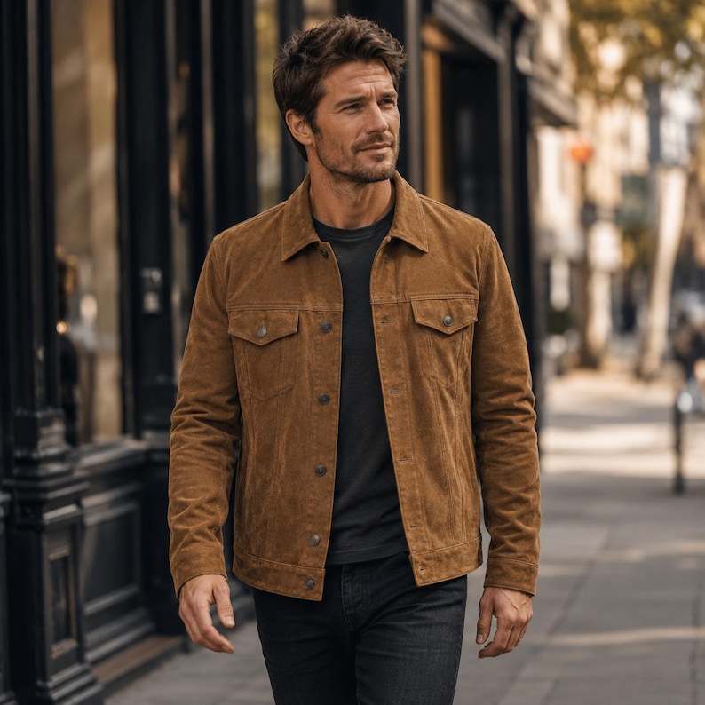 Men's Tan Brown Real Suede Trucker Jacket | Genuine Suede Leather Western Jacket | Vintage Casual Jacket | Gift for Him Boyfriend Bild 2