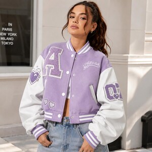 Women's Purple Varsity Bomber Jacket | Cropped Real Leather Sleeve Baseball Jacket | Y2K Streetwear Jacket | Gift for Her Girlfriend