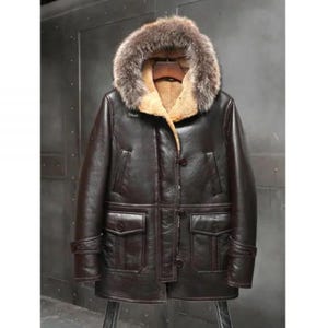 Men’s Hooded Shearling Leather Long Coat – Handmade Winter Jacket, Gift for Him |USA Free & Customs-Cleared Shipping, No Extra Tariff