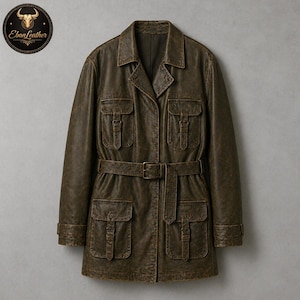 Könnte beinhalten: Olivgrüne Lederjacke mit Used-Look, Gürtel in der Taille und mehreren Pattentaschen. Die Jacke hat einen Kragen und eine Knopfleiste. Das Ebon Leather Logo ist sichtbar.