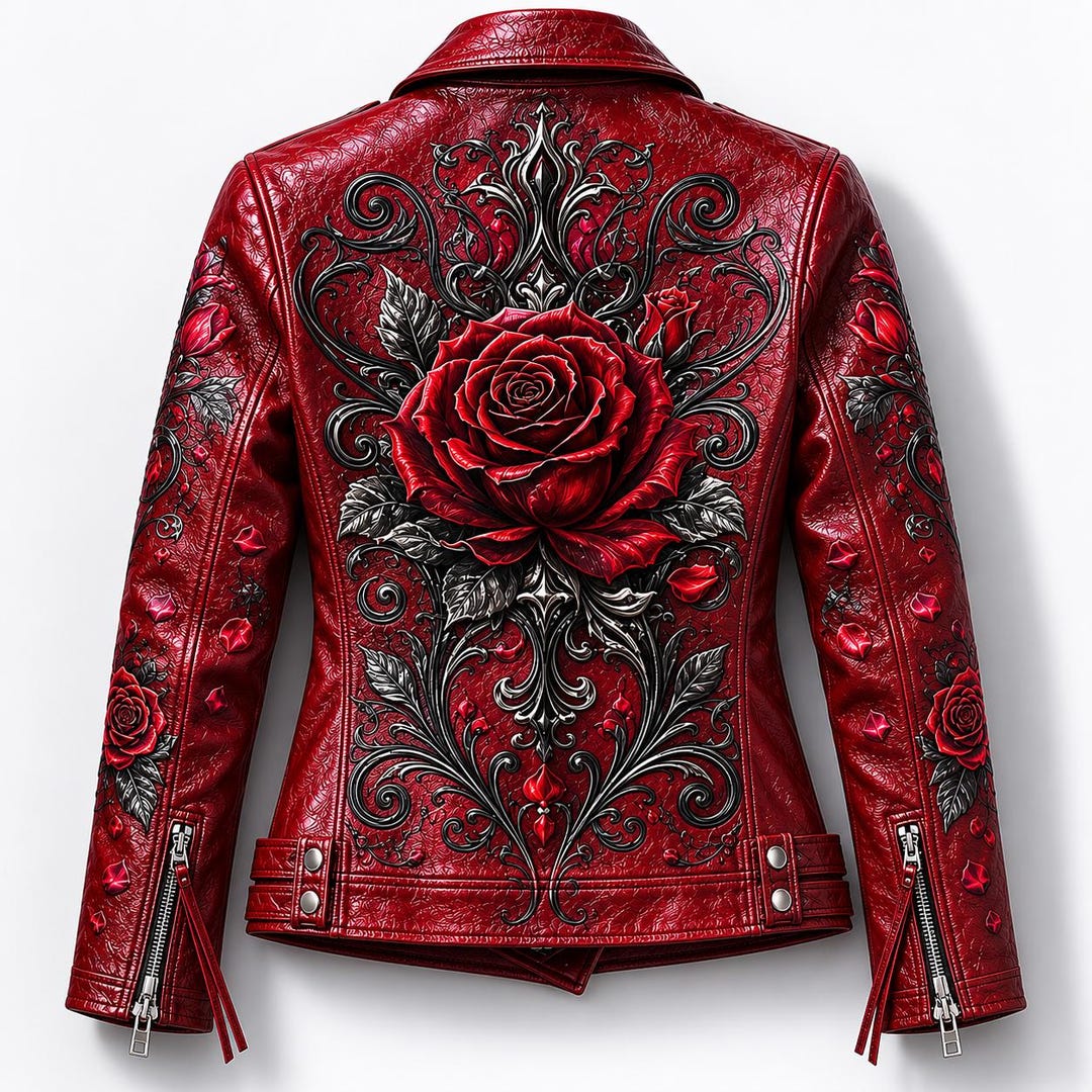 Jacket With Roses Women's Red Rose UV Print Leather Jacket | Gothic Floral Biker Jacket ...