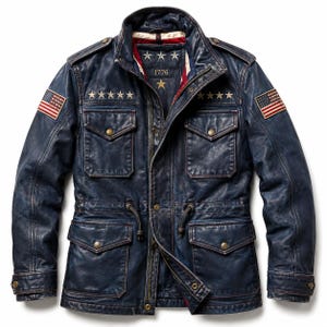 Könnte beinhalten: Eine dunkelblaue Leder-Feldjacke mit vier Vordertaschen mit Druckknöpfen, einer Kordelzug-Taille und Schulterklappen. Die Jacke zeigt gestickte Sterne auf der Brust, amerikanische Flaggen-Aufnäher an beiden Ärmeln und den Text 1776 im Inneren.