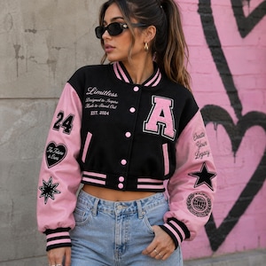 Women's Black Pink Varsity Bomber Jacket | Genuine Leather Sleeve Limitless Patch Jacket | Y2K Streetwear Jacket | Gift for Her