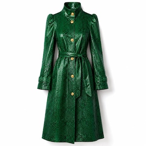 Women's Green Real Leather Snake Print Coat | Genuine Leather Belted Long Coat | Statement Office Evening Coat | Gift for Her