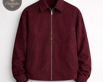 Mens Burgundy Suede Leather Jacket, Minimalist Zip Up Jacket, Classic Casual Outerwear, Handmade Leather Coat, Fall Winter Fashion