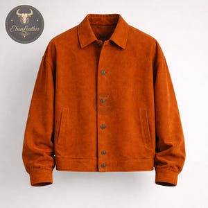 Mens Rust Suede Leather Jacket, Minimalist Button Up Jacket, Classic Casual Outerwear, Handmade Leather Coat, Vintage Style Jacket