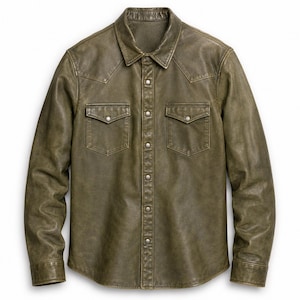 Men's Olive Green Leather Shirt Genuine Leather Western Button Down Overshirt Long Sleeve Handmade Casual Shirt Jacket