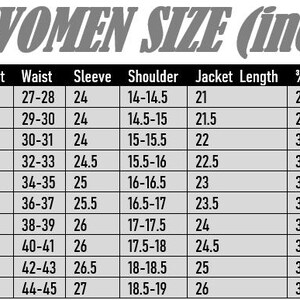 May include: A black and white sizing chart titled WOMEN SIZE (inches) displaying measurements for jacket chest, waist, sleeve, shoulder, jacket length, 3/4 coat length, and full coat length across sizes 2XS to 5XL with corresponding bust sizes in inches.