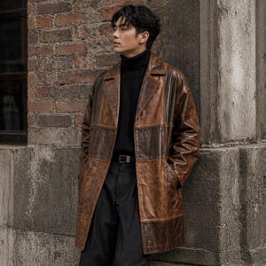Vintage Brown Leather Coat Men, Oversized Leather Jacket, Distressed Leather Trench Coat, Retro Patchwork Leather Coat,Long Leather Overcoat