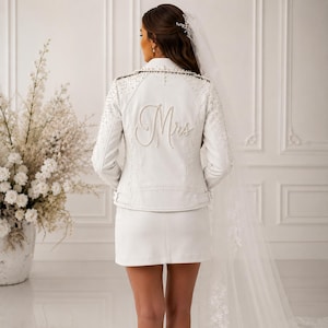 Personalized Bridal Leather Jacket, White Mrs Wedding Jacket, Pearl Bridal Biker Jacket, Custom Bride Jacket, Wedding Reception Outfit