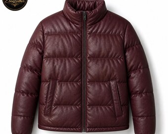 Men’s Burgundy Leather Puffer Jacket, Quilted Leather Jacket for Men, Winter Leather Coat, Stylish Streetwear Jacket, Warm Casual Outerwear
