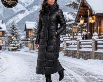 Women Black Leather Long Puffer Coat, Quilted Maxi Winter Coat, Full Length Zip Up Jacket, High Neck Warm Coat, Elegant Winter Outerwear