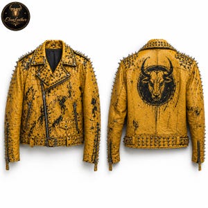 Chaqueta de cuero amarilla con tachuelas para hombre, chaqueta de cuero de motociclista, chaqueta de moto estampada, chaqueta de cuero estilo punk, chaqueta llamativa para hombre