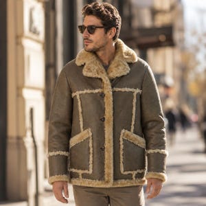 Men's Olive Real Leather Shearling Jacket | Faux Shearling Lined Genuine Leather Winter Coat | Vintage Heritage Jacket | Gift for Him