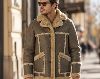 Men's Olive Real Leather Shearling Jacket | Faux Shearling Lined Genuine Leather Winter Coat | Vintage Heritage Jacket | Gift for Him