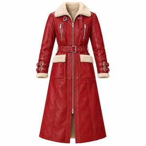 Red Genuine Leather Long Coat, Cream Synthetic Fur Collar and Lining, Belted Vintage Winter Coat, Zipper Front Jacket