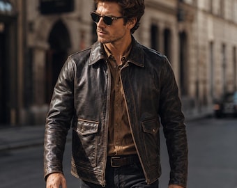 Men's Dark Brown Distressed Real Leather Jacket | Genuine Leather Harrington Trucker Jacket | Vintage Biker Jacket | Gift for Him