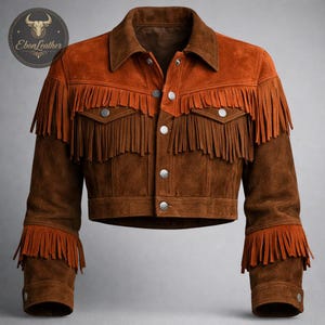Women Rust Brown Suede Leather Fringe Jacket Western Style Button Front Cropped Slim Fit Trendy Outfit