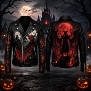Könnte beinhalten: Eine schwarze Leder-Motorradjacke mit einem Grafikdruck eines roten gehörnten Dämons, einer gotischen Burg und einem Dreizack. Das Design umfasst eine große Illustration auf der Rückseite eines geflügelten Dämons vor einem roten Mond.