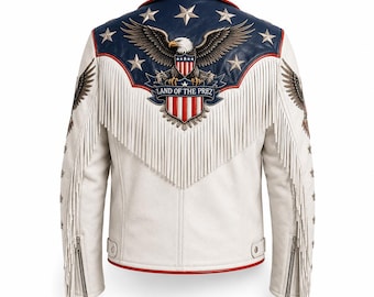 Chaqueta unisex blanca de cuero auténtico American Heritage | Chaqueta motera de cuero genuino con flecos de águila, fabricada en EE. UU. | Regalo para ellos