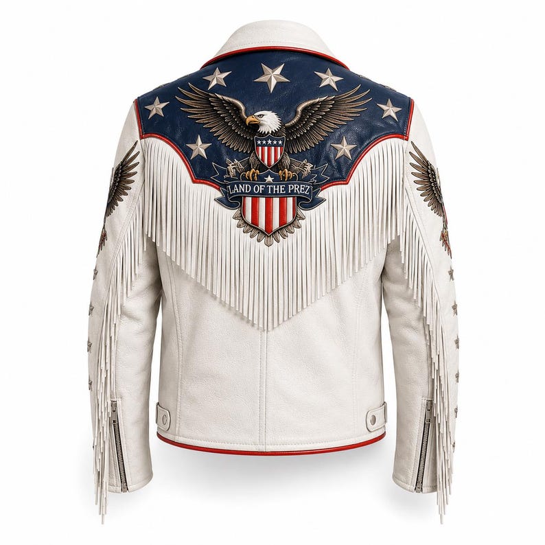 May include: A white leather motorcycle jacket featuring a blue yoke with a bald eagle graphic, white stars, and the text "LAND OF THE PREZ" above a red and white striped shield. The jacket includes long white fringe trim and silver zippers.