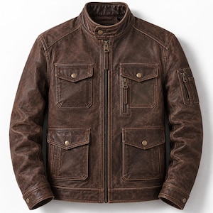 Chaqueta de moto de cuero auténtico marrón desgastado para hombre | Chaqueta motera de cuero genuino con múltiples bolsillos | Chaqueta de moto vintage | Regalo para él imagen 1