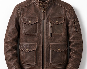 Men's Brown Distressed Real Leather Motorcycle Jacket | Genuine Leather Multi Pocket Biker Jacket | Vintage Moto Jacket | Gift for Him