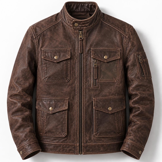 Men's Brown Distressed Real Leather Motorcycle Jacket | Genuine Leather Multi Pocket Biker Jacket | Vintage Moto Jacket | Gift for Him