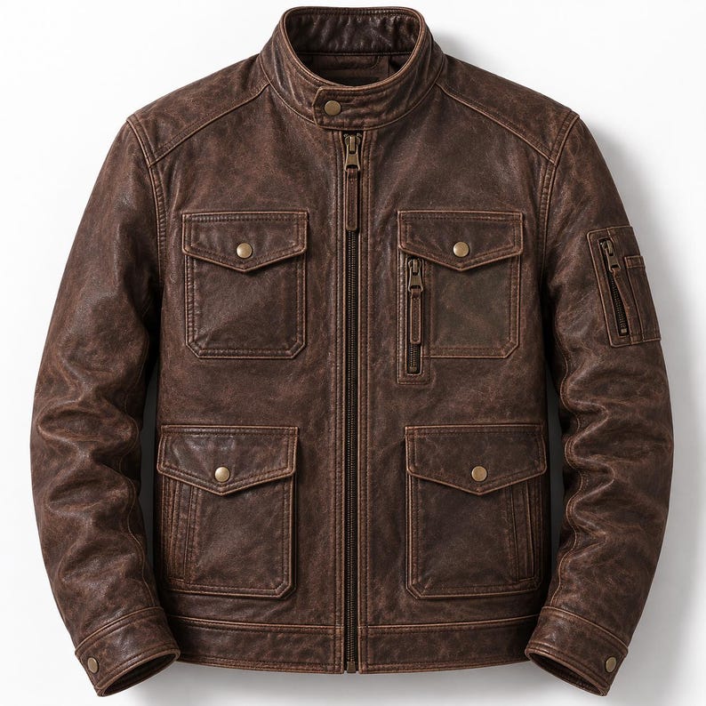 Chaqueta de moto de cuero auténtico marrón desgastado para hombre | Chaqueta motera de cuero genuino con múltiples bolsillos | Chaqueta de moto vintage | Regalo para él imagen 1