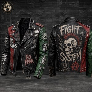 Punk Rock Leather Jacket Men, Hand Painted Studded Biker Jacket, Skull Graphic Moto Jacket, Distressed Leather Jacket