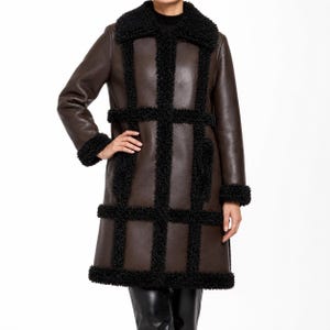Brown Leather Coat with Black Curly Shearling Grid Trim | Patchwork Shearling Coat | Statement Winter Coat | Womens Sheepskin Trim